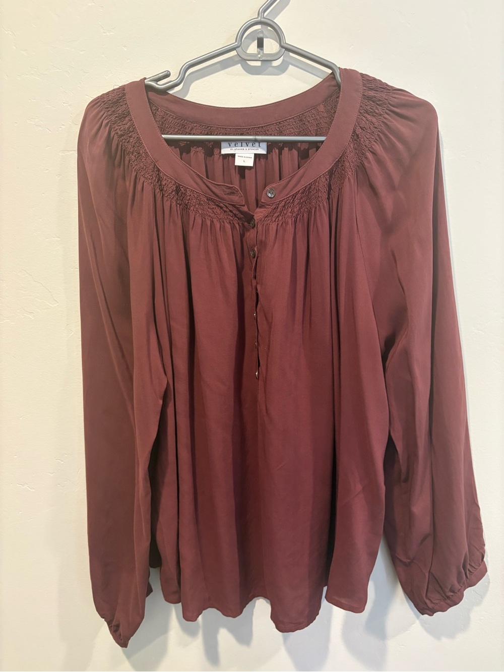 Velvet by Graham & Spencer Wine Red Smocked Yoke Blouse